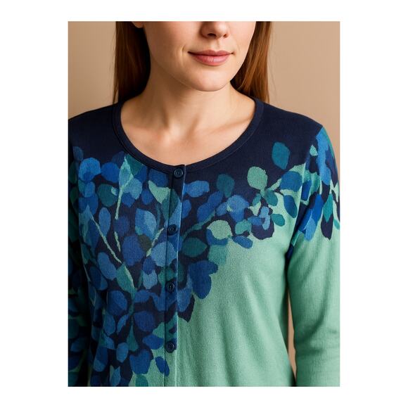 Isaac Mizrahi Seafoam Blue Floral Cotton Cardigan L Graphic Chic Lightweight - Picture 2 of 11